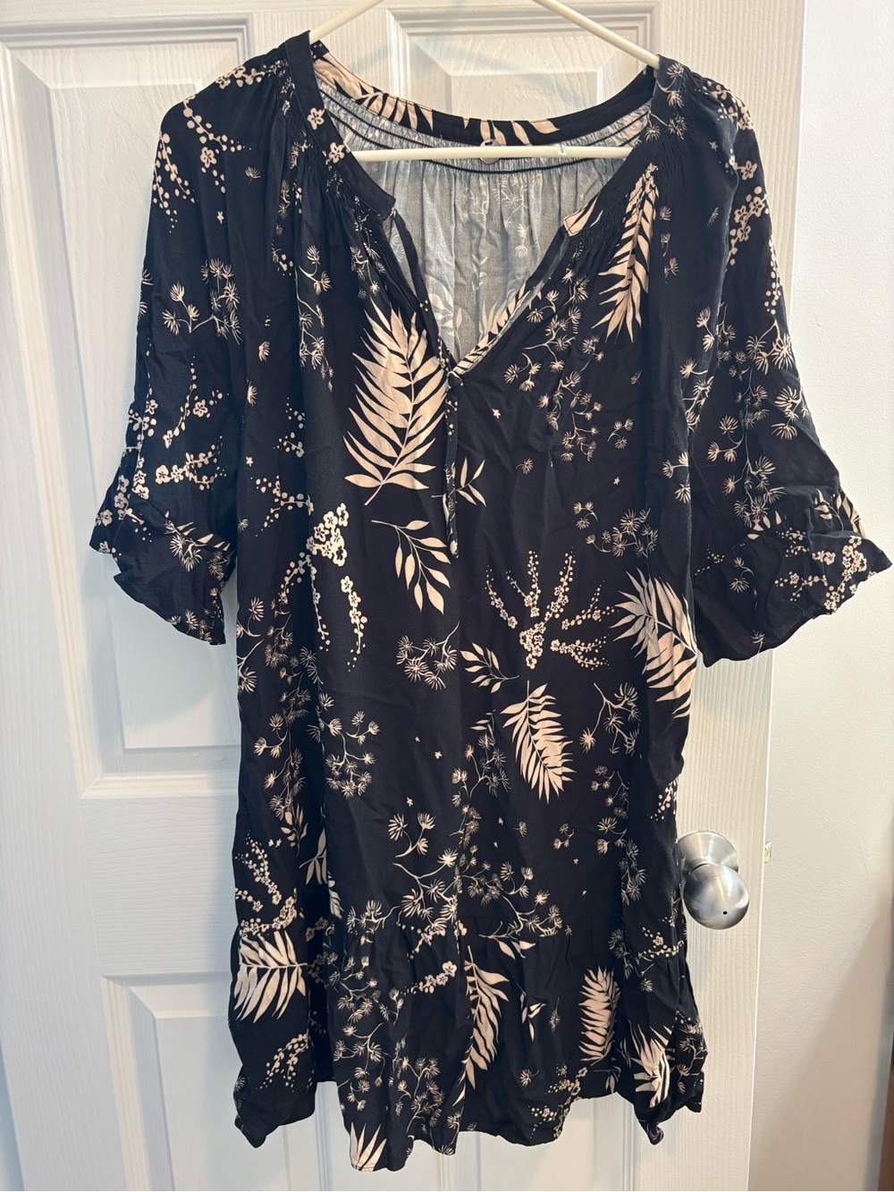 Margaret O’Leary Black Tropical Print Ruffle Sleeve Mini Dress